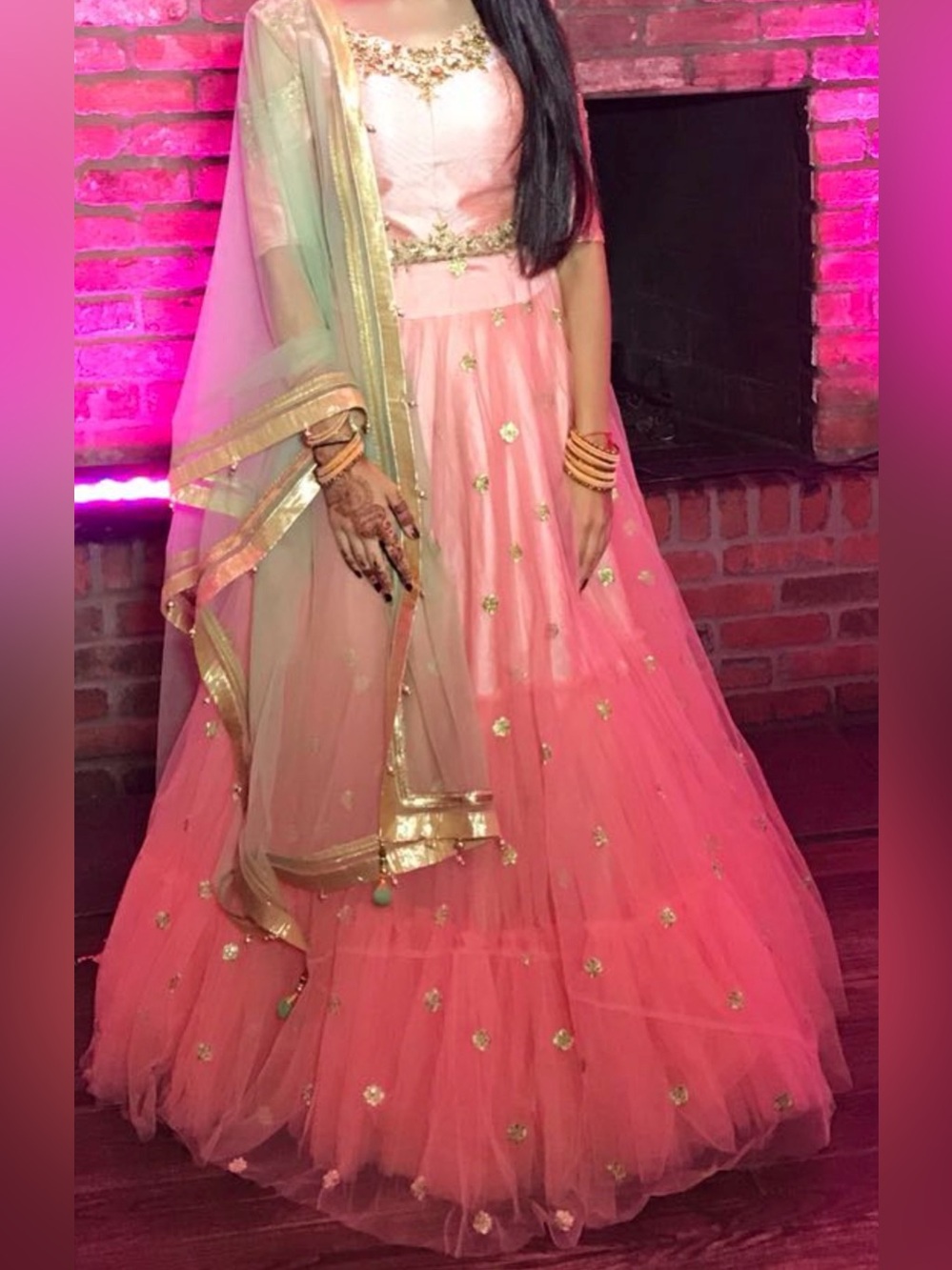 Pink Gold Lengha with green dupatta